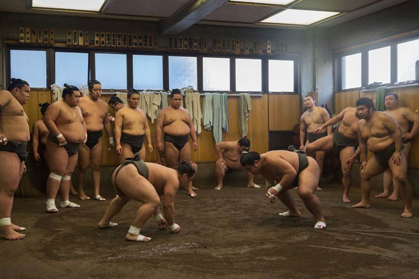 Watch a morning sumo practice